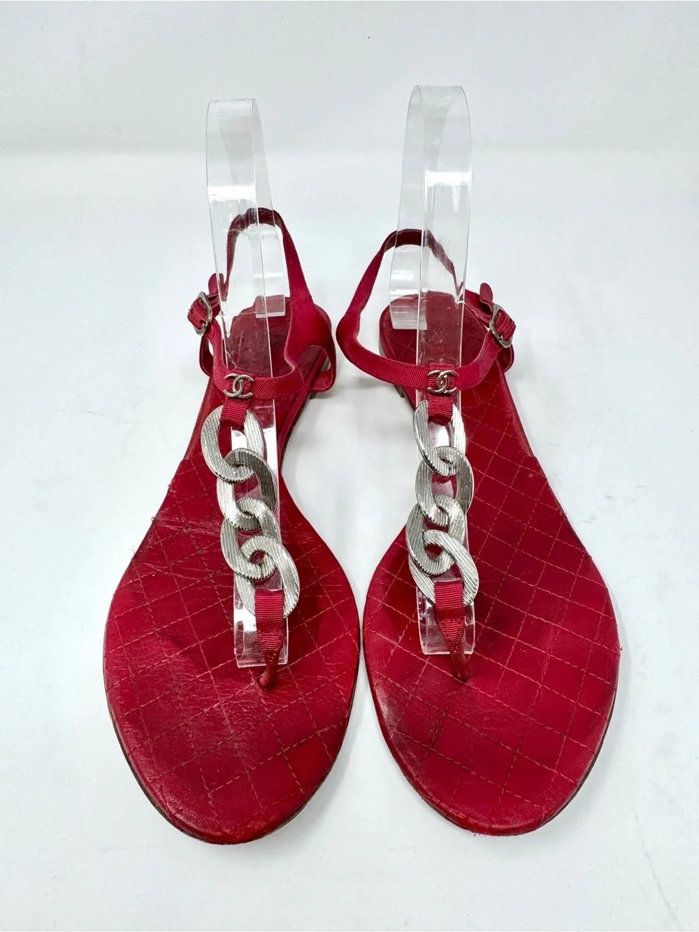 Chanel Vintage Red Quilted Leather Chain T strap Sandals with CC Logo Size 39.5